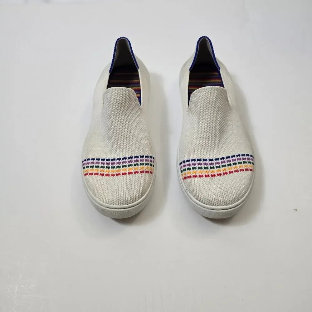 Rothy' The Kid Slip On Sneakers White Rainbow Stripe Knit Shoes 4 Youth Women's